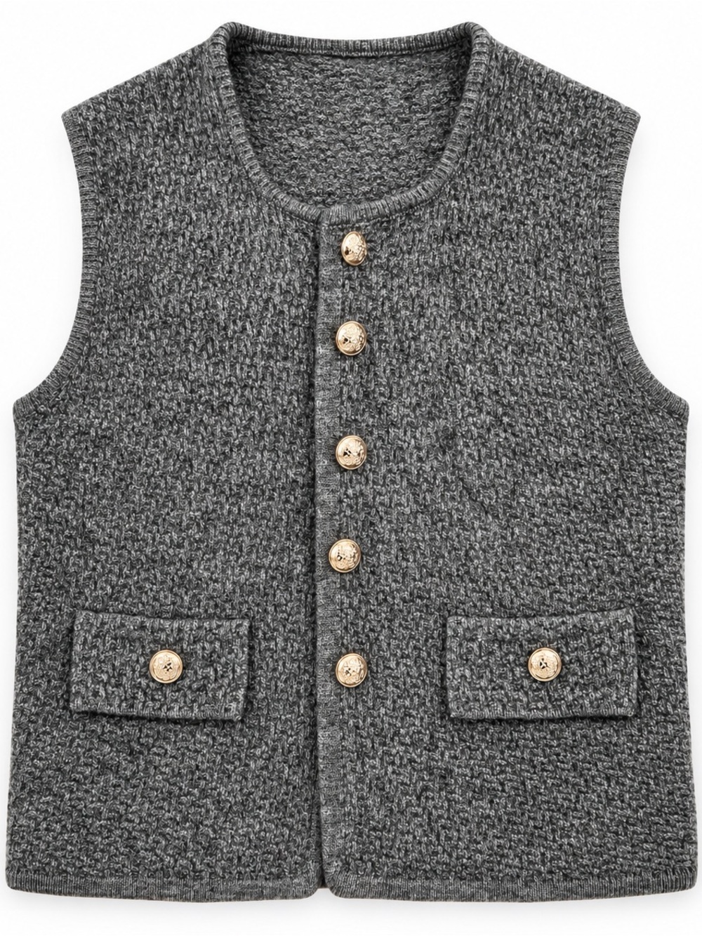 Grey Textured Knit Gold Button Sweater Vest M/L